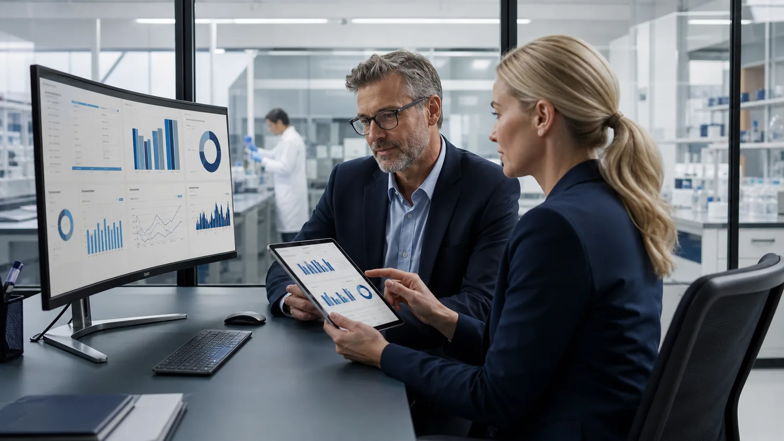 Laboratory finance and operations leaders reviewing invoice and profitability analytics