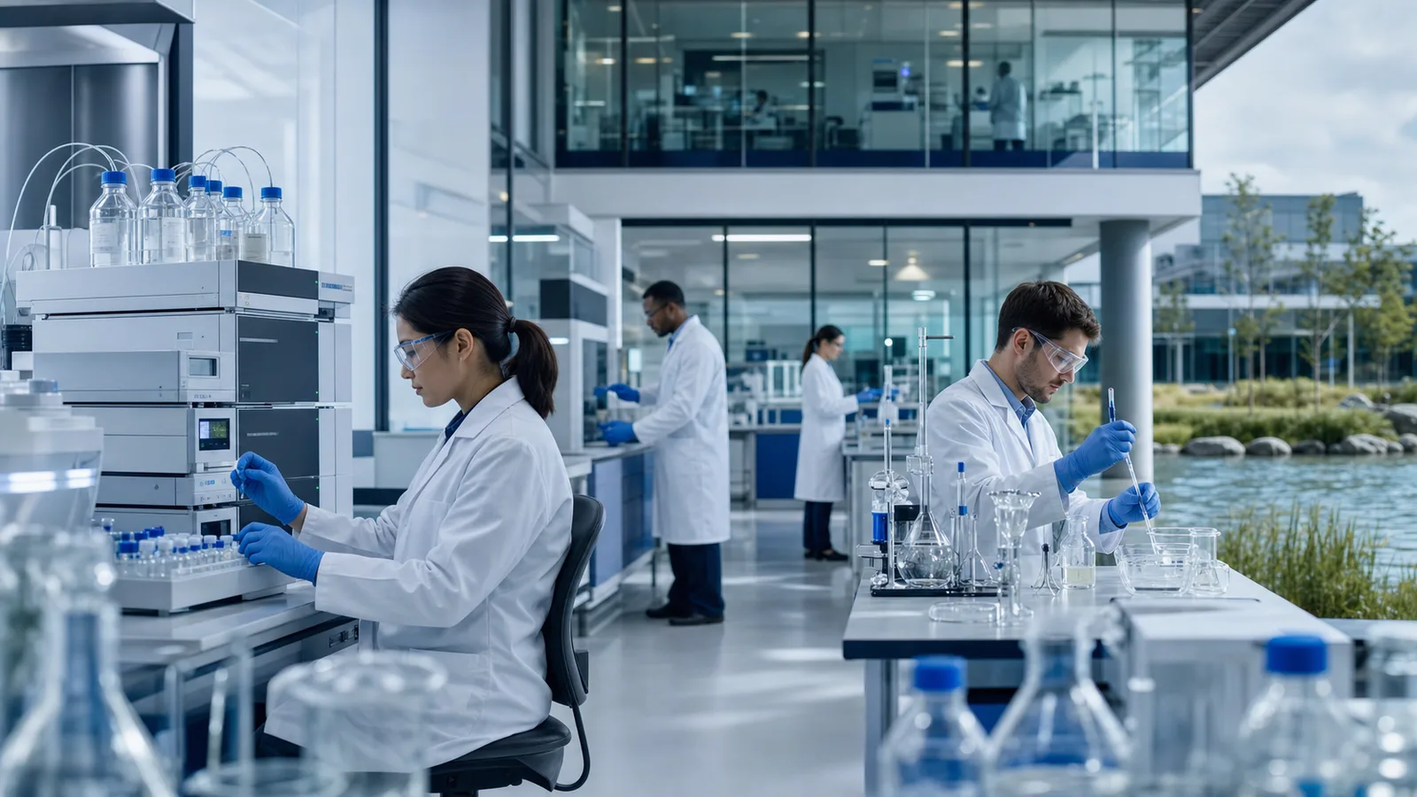 Pharmaceutical chemical and environmental scientists working in a multi-discipline laboratory