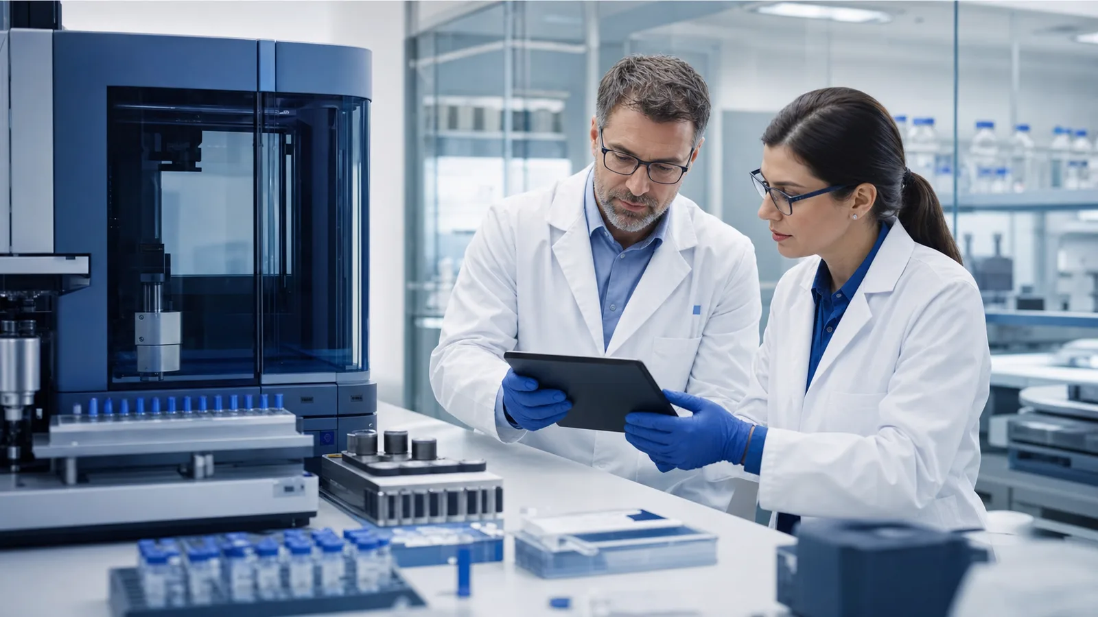 Laboratory quality managers reviewing instrument calibration and QA QC records